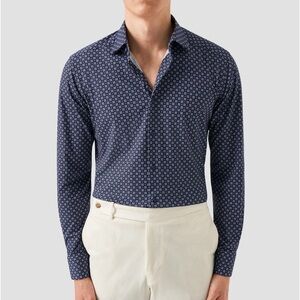 Eton Men's Navy Patterned geometric stretch button down Shirt